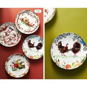 NEW Anthropologie Inslee Fariss Autumns Bounty 2 Plates Thanksgiving Turkey Fox